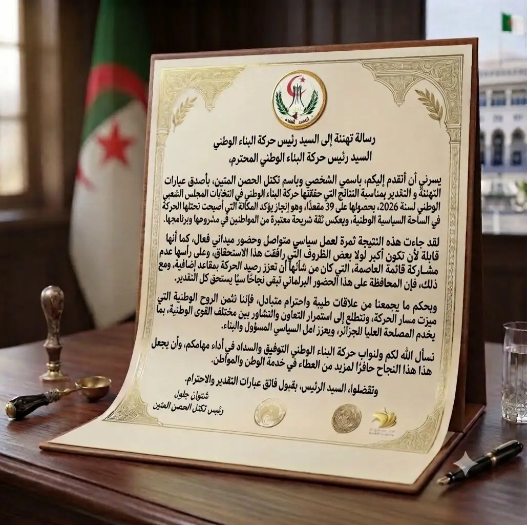 رئيس تكتل الحصن المتين يهنئ رئيس حركة البناء الوطني بحصول الحركة على 39 مقعدًا