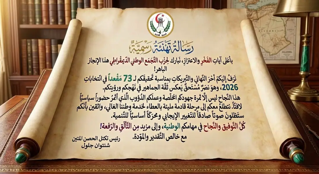 رئيس تكتل الحصن المتين يهنئ رئيس التجمع الوطني الديمقراطي بحصول الحزب على 73 مقعدًا