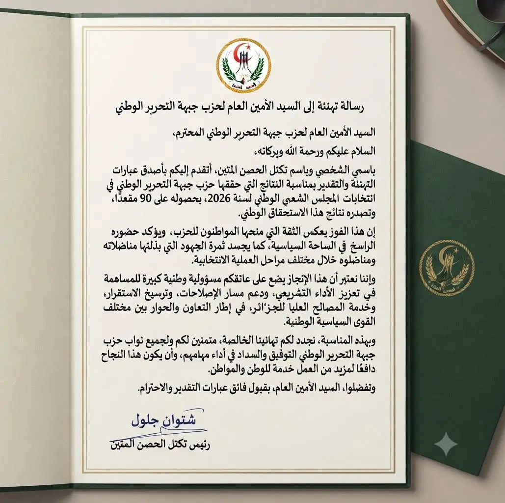 رئيس تكتل الحصن المتين يهنئ الأمين العام لجبهة التحرير الوطني بتصدر الحزب التشريعيات بـ90 مقعدًا